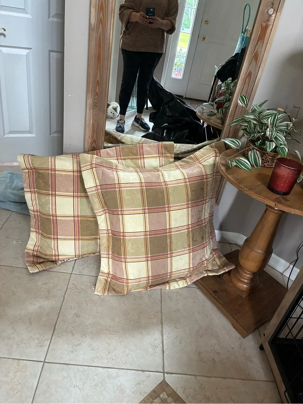 Plaid Decorative Throw Pillow - Cream and Pink